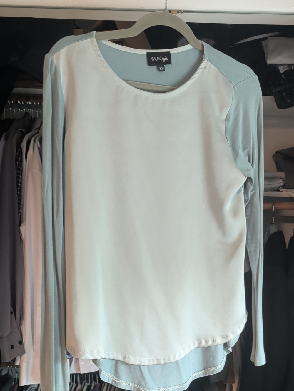 Wuko Gals Scoop Neck Long Sleeve Top in Light Blue and Cream